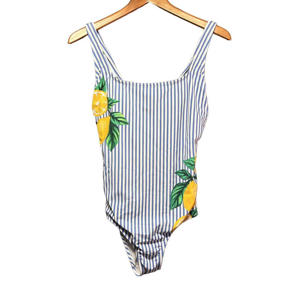 Kona Sol Lemon Stripe Tie Back One Piece Swimsuit Bathing Suit Size L - Picture 2 of 8